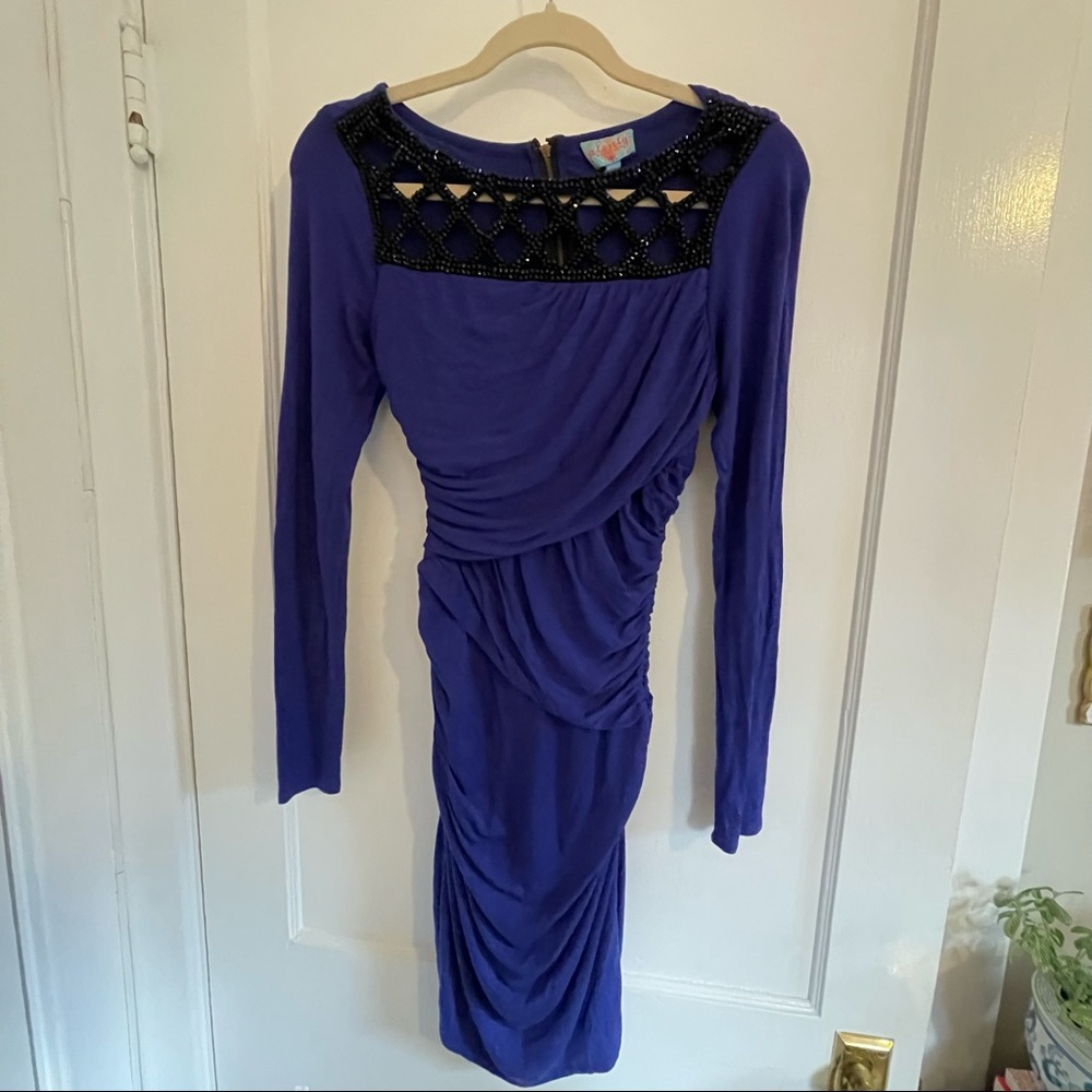 Plenty by Tracy Reese purple bodycon dress w stunning cutouts and black blading